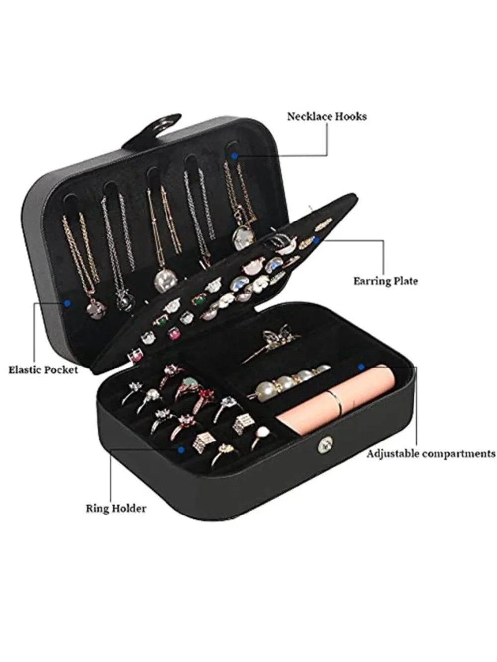 Travel Jewelry Box Organizer Black Faux Leather Necklace Ring Earring Storage